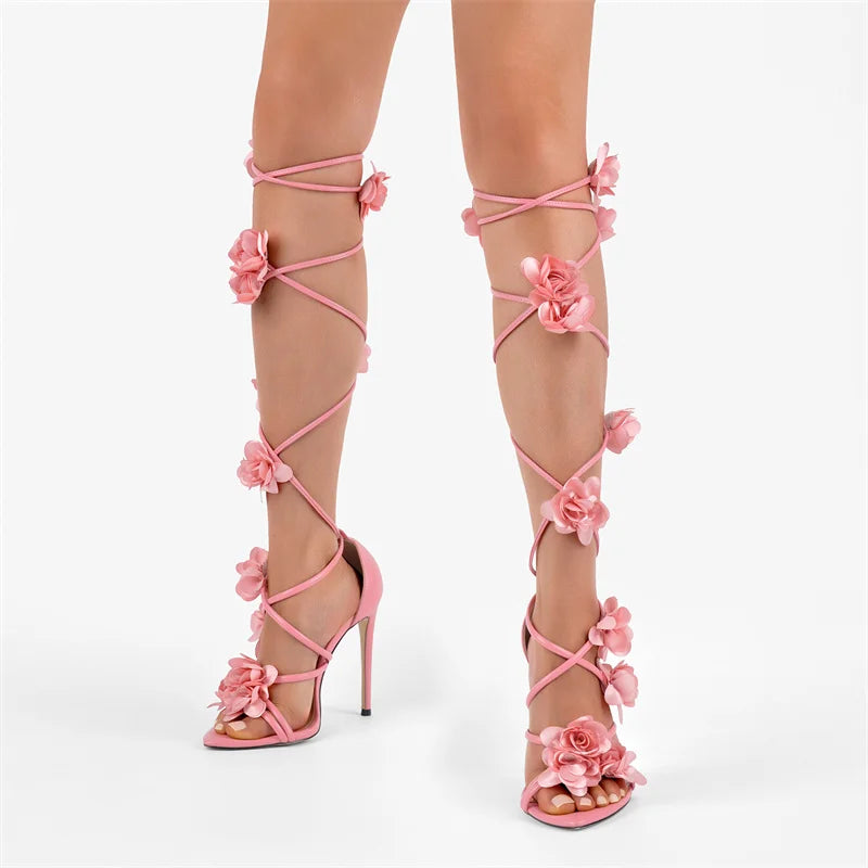 Floral stiletto lace-up sandals with spiral wrap straps
