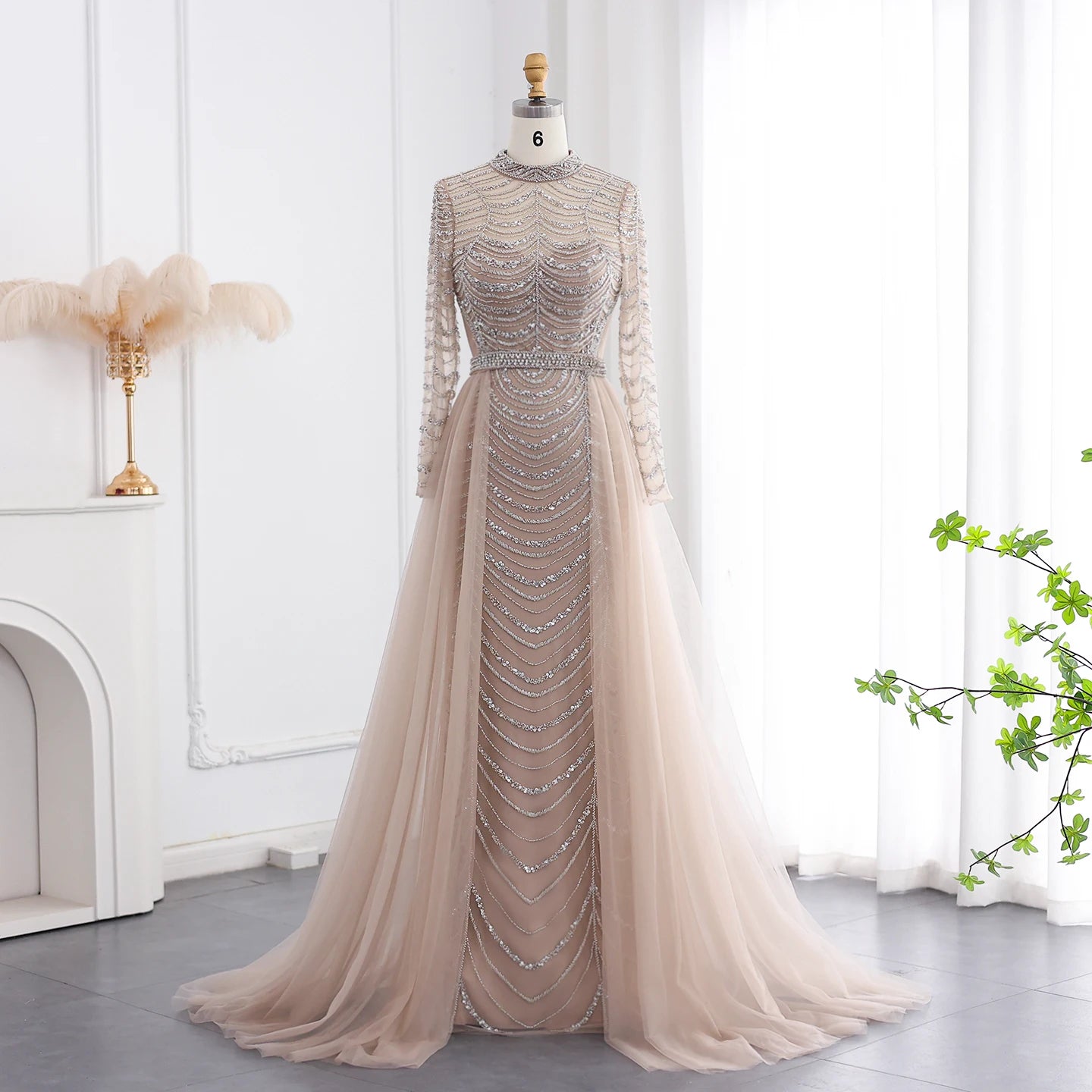 Champagne Mermaid Long Sleeves Dress with Overskirt