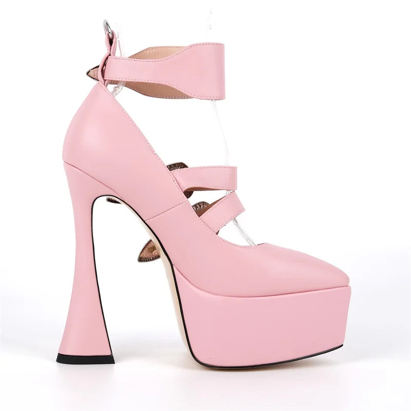 Pink high-heeled platform shoe on a white background