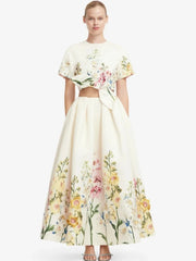 Floral print cropped short sleeve top and full A-line skirt detail