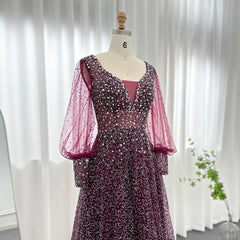 Rhinestones Purple Long Sleeves Evening Dress