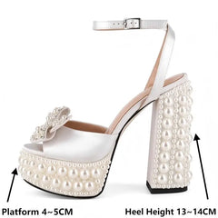 Pearl embellished platform block heel sandals with size guide