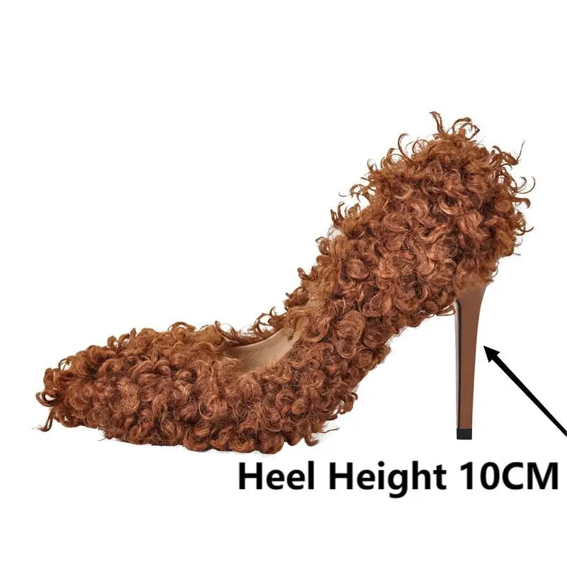 Close-up of textured pointed toe stiletto heel