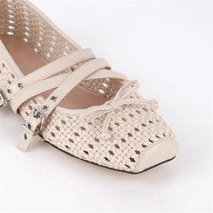 Square Toe Bow Strap Flats