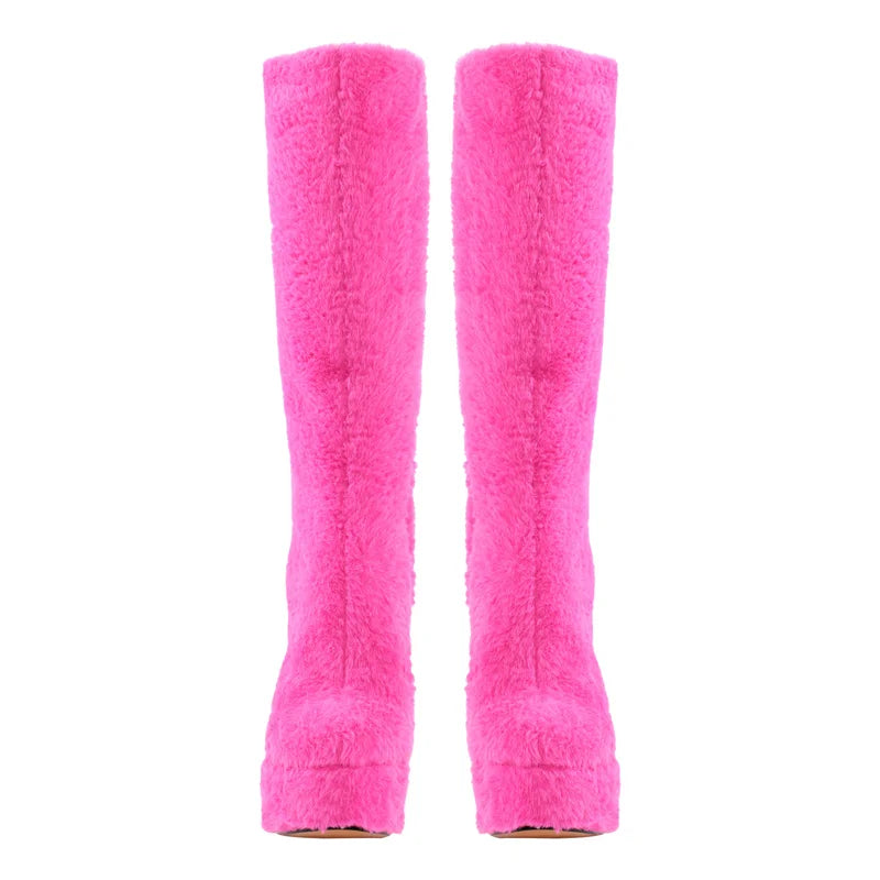 Front view of pink fluffy platform knee-high boots
