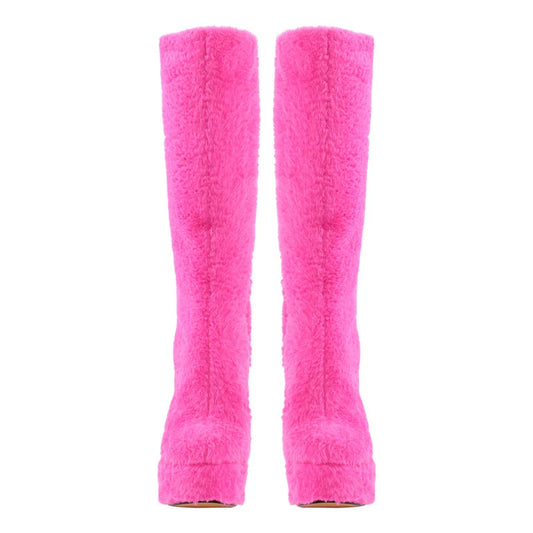 Front view of pink fluffy platform knee-high boots