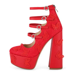 Red high-heeled shoe with butterfly designs on a white background