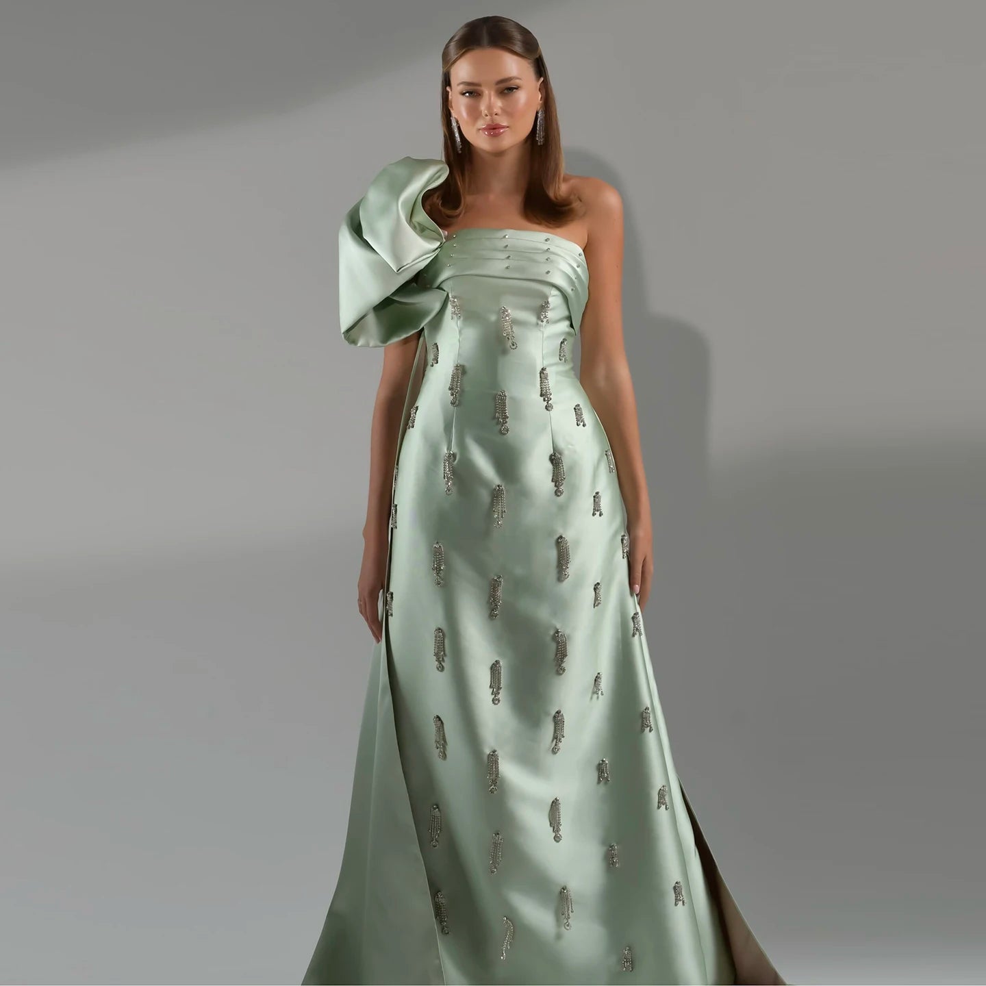 Sage Green One-Shoulder Evening Dress with Cape Crystal Tassel