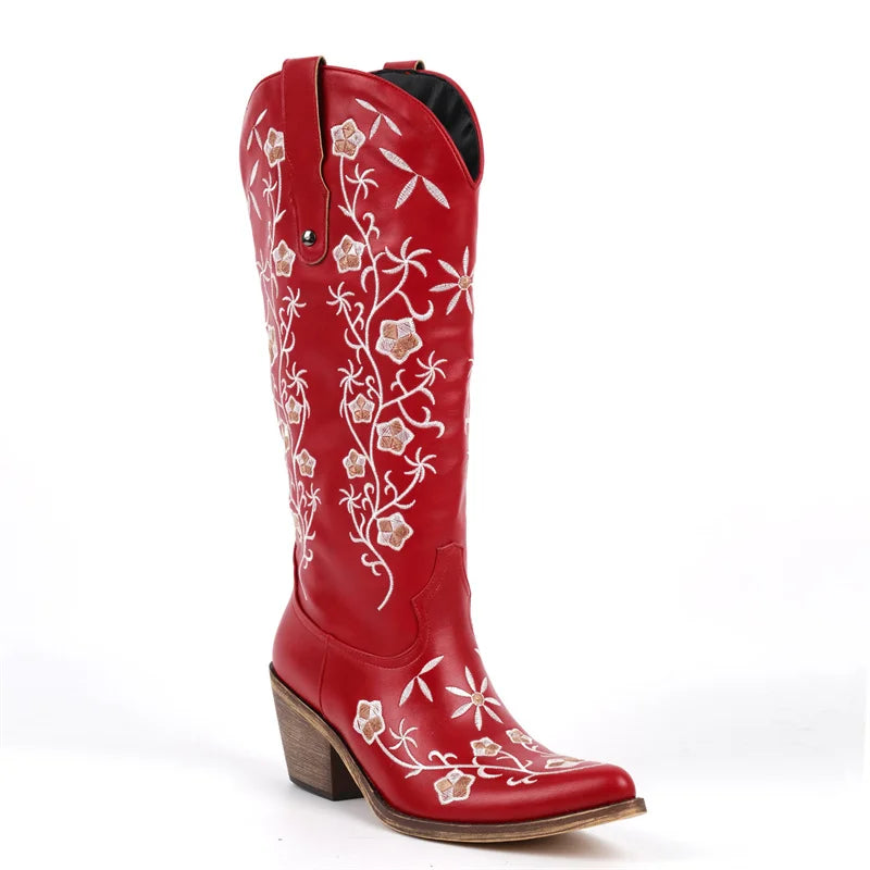 Red floral embroidered pointed toe knee high cowboy boots