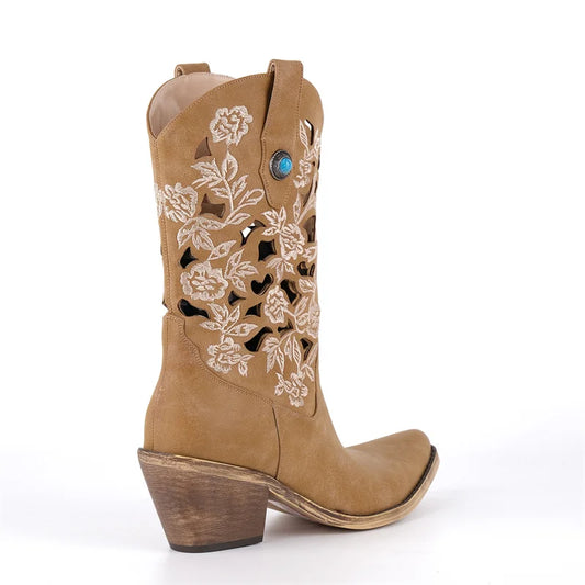 Side view of tan faux suede embroidered cutout block heel boots