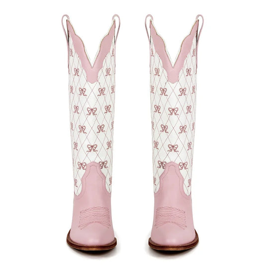 Pink bow quilted knee-high boots from front