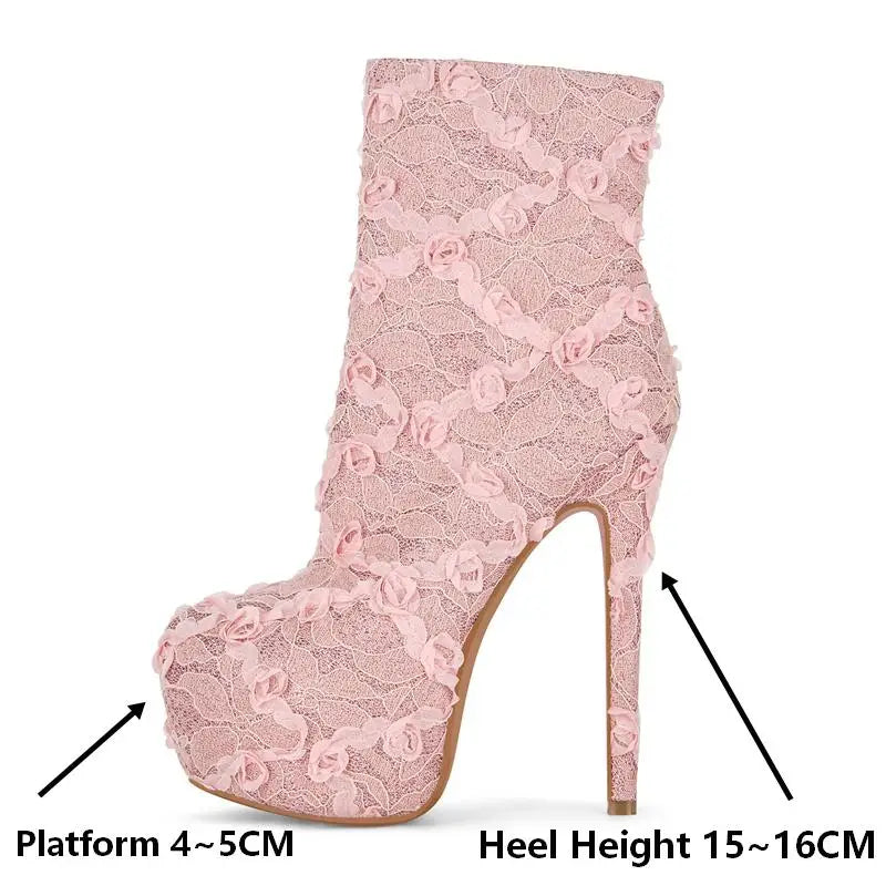 Pink lace boot with platform and heel height indicators on a white background