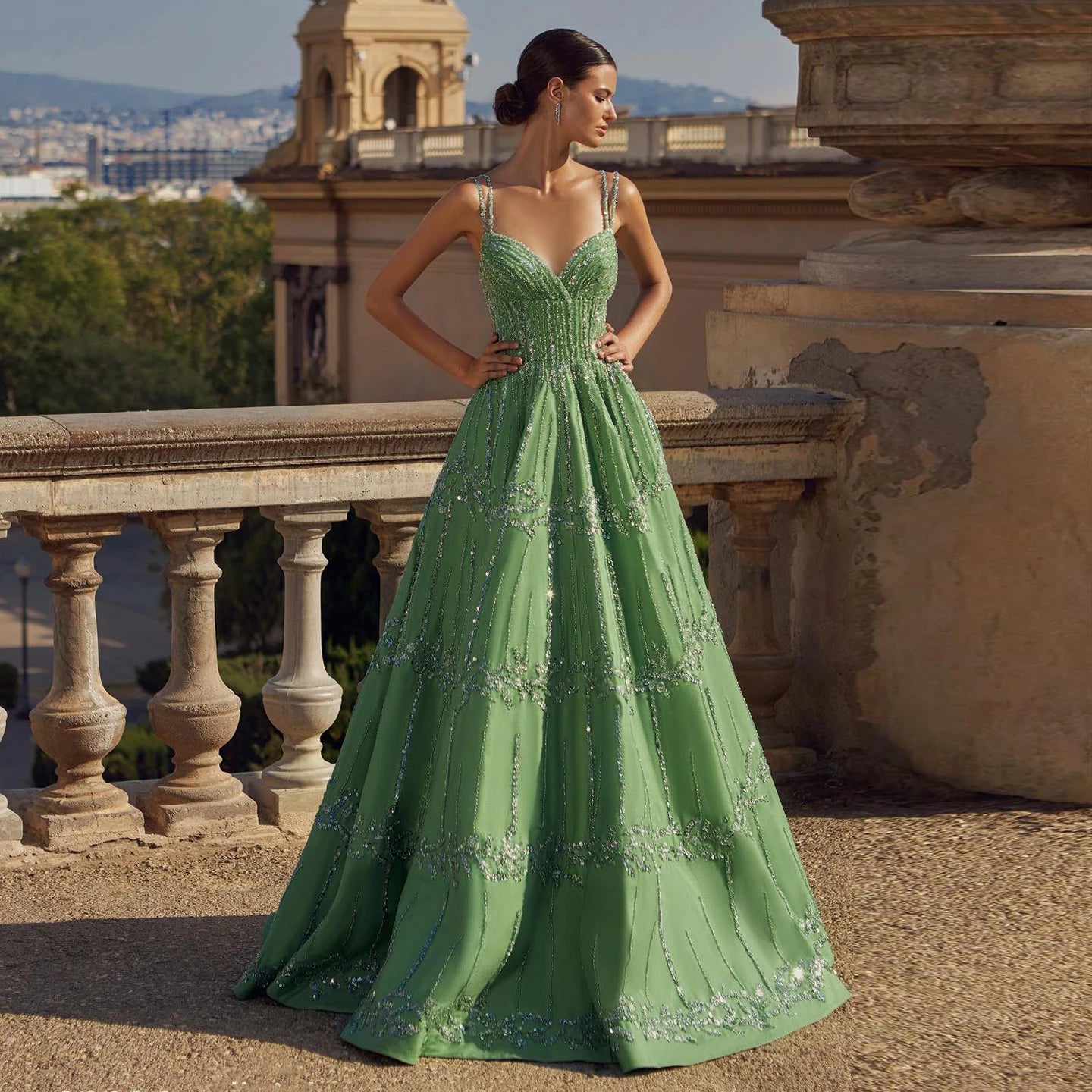 Beaded Green Spaghetti Strap Elegant Evening dress