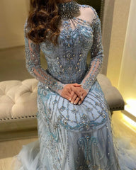 Blue Long Sleeves High Neck Formal Gowns