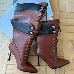 Pointed Toe Lace Up Mid Calf Boots