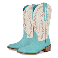 Embroidered Square Toe Block Heel Boots