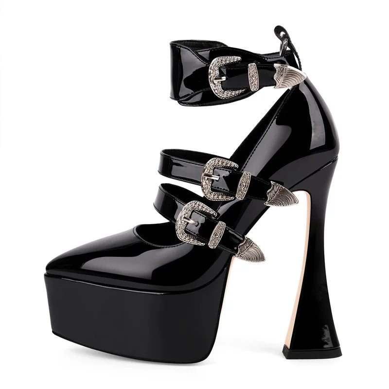 Black high-heeled platform shoes with buckles and decorative elements on a white background