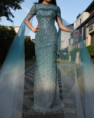 Turquoise Crystal Mermaid Dubai Evening Dresses with Cape Sleeves Arabic Women Wedding Party Gowns  Golden Atelier 1