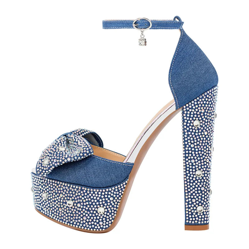 Denim rhinestone peep toe platform sandals with a chunky heel and ankle strap