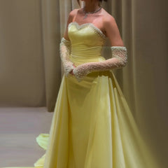 Yellow Satin Beaded Pearls Evening Dress with Gloves