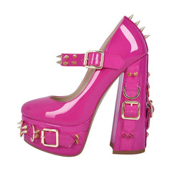 Chunky platform spiked mary jane heels, profile view.