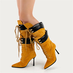 Pointed toe lace-up mid-calf boots with stiletto heel