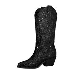 Knee High Rhinestone Glitter Bling Pointed Toe Block Heel Booties. Golden Atelier 3