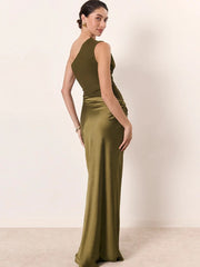 Satin One Shoulder Ruched Maxi Dress