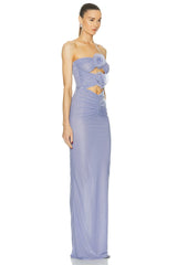 A model wearing a glamorous violet floral cutout maxi dress, perfect for evening events. Golden Atelier 4