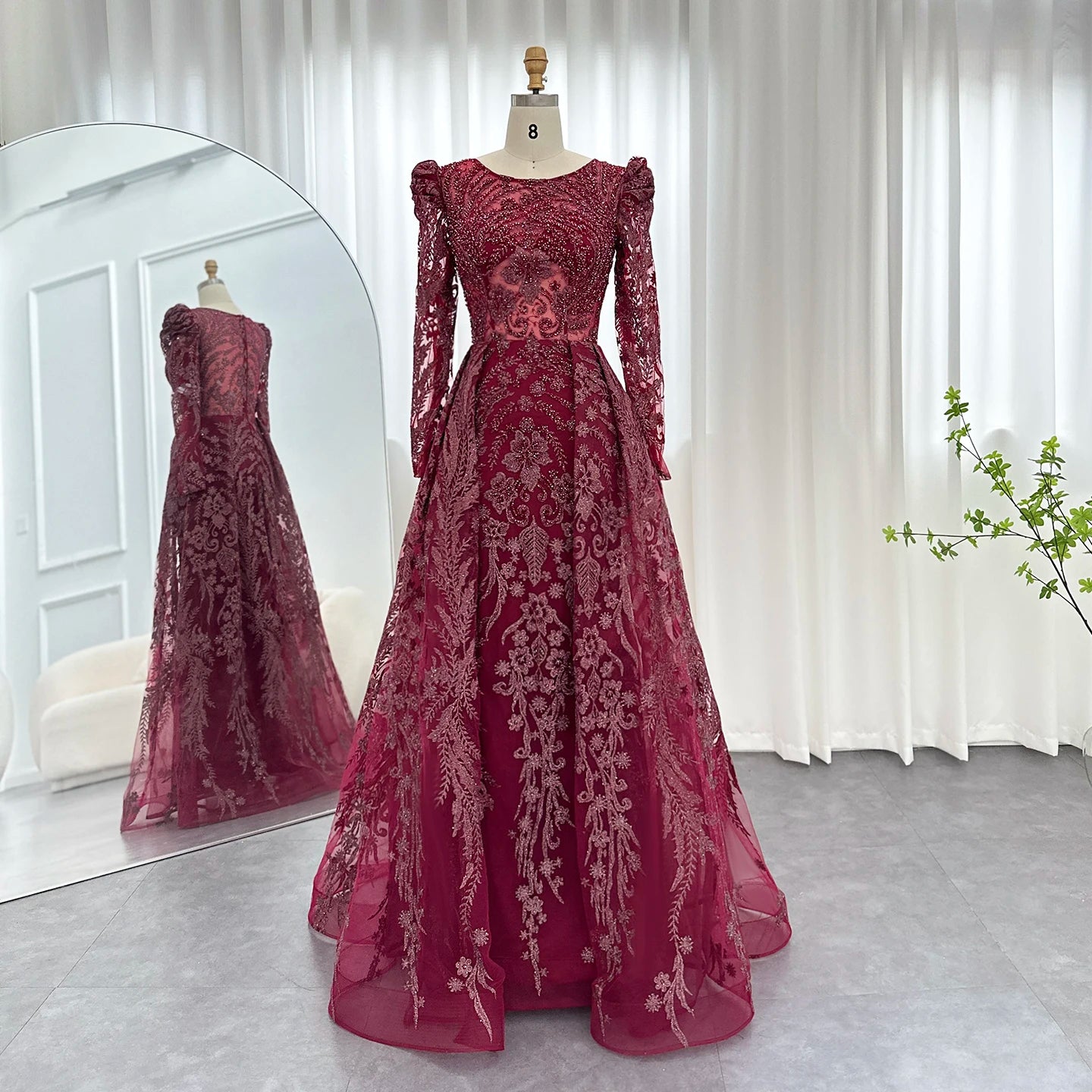 Wine Red Overskirt Long Sleeves Gown