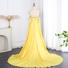 Yellow Satin Beaded Pearls Evening Dress with Gloves