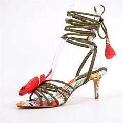 Open Toe Floral Lace Up Stiletto Heels