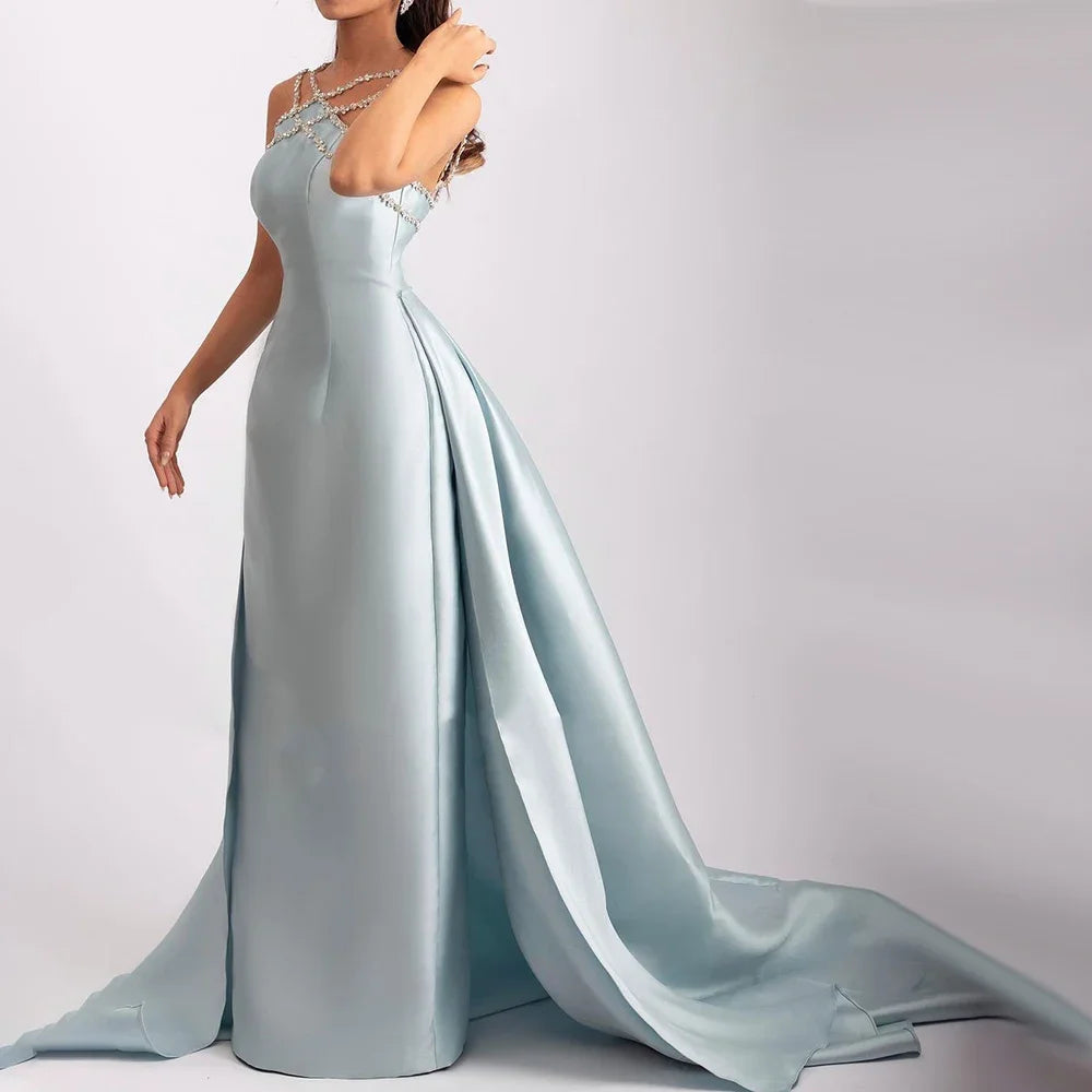 Light Blue Satin Overskirt Formal Party Gown