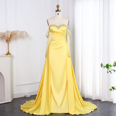 Yellow Satin Beaded Pearls Evening Dress with Gloves