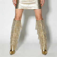 Front view of metallic fringe boots