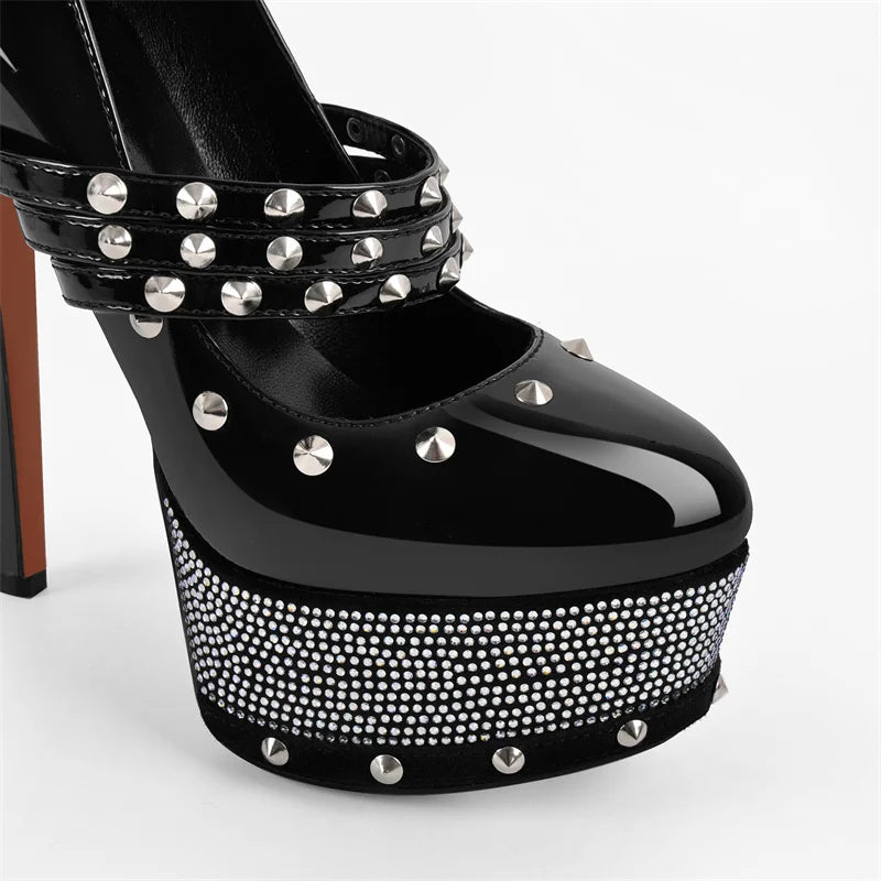 Close-up of studded platform stiletto heels