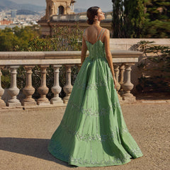 Beaded Green Spaghetti Strap Elegant Evening dress