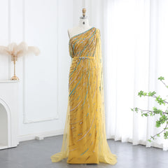 Gold Yellow Cape One-Shoulder Formal Party Gown