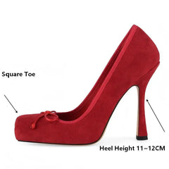 Red high-heeled shoe with text indicating square toe and heel height on a white background
