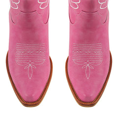 Top-down view of pink western boots with pointed toe and embroidery