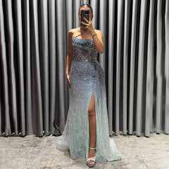 Sage Green Mermaid One-Shoulder Slit Overskirt Gowns