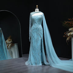 Turquoise Pearls Side Slit Evening Dress with Cape Sleeves