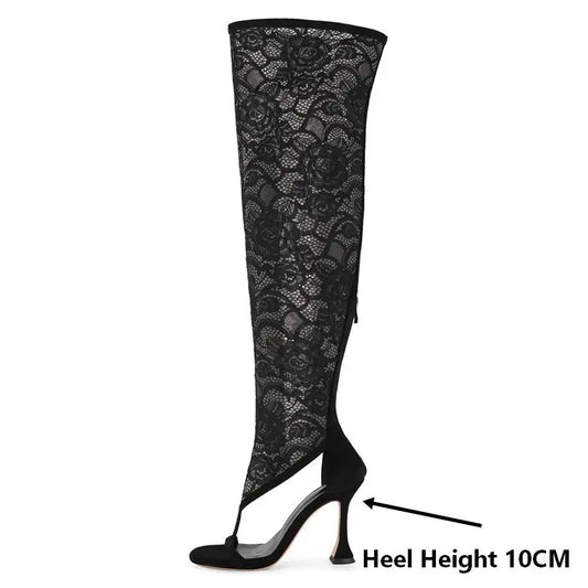 Black lace over the knee stiletto boots with heel height indicated.