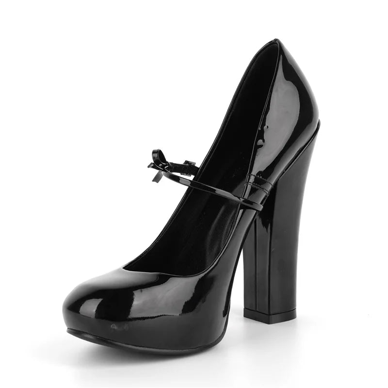 Side view of black patent leather Mary Jane chunky heel pumps.