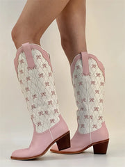 Pink Bow Quilted Knee High Cowgirl Boots