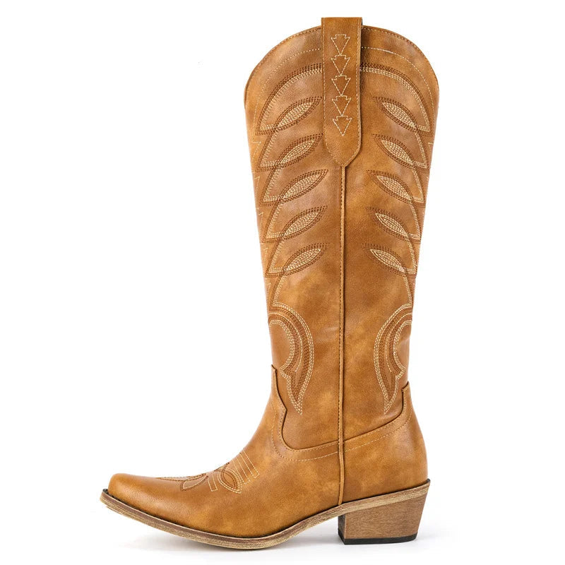 Brown faux leather knee-high boot with pointed toe and Western embroidery