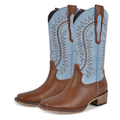 Embroidered Square Toe Block Heel Boots