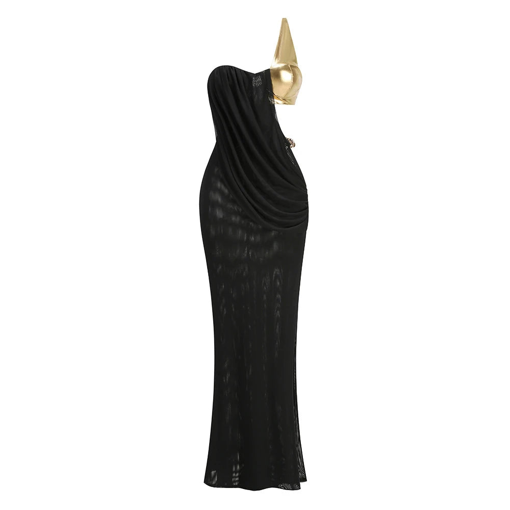 Black one-shoulder dress with a gold headpiece on a white background