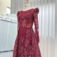 Wine Red Overskirt Long Sleeves Gown