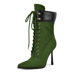 Pointed Toe Lace Up Mid Calf Boots